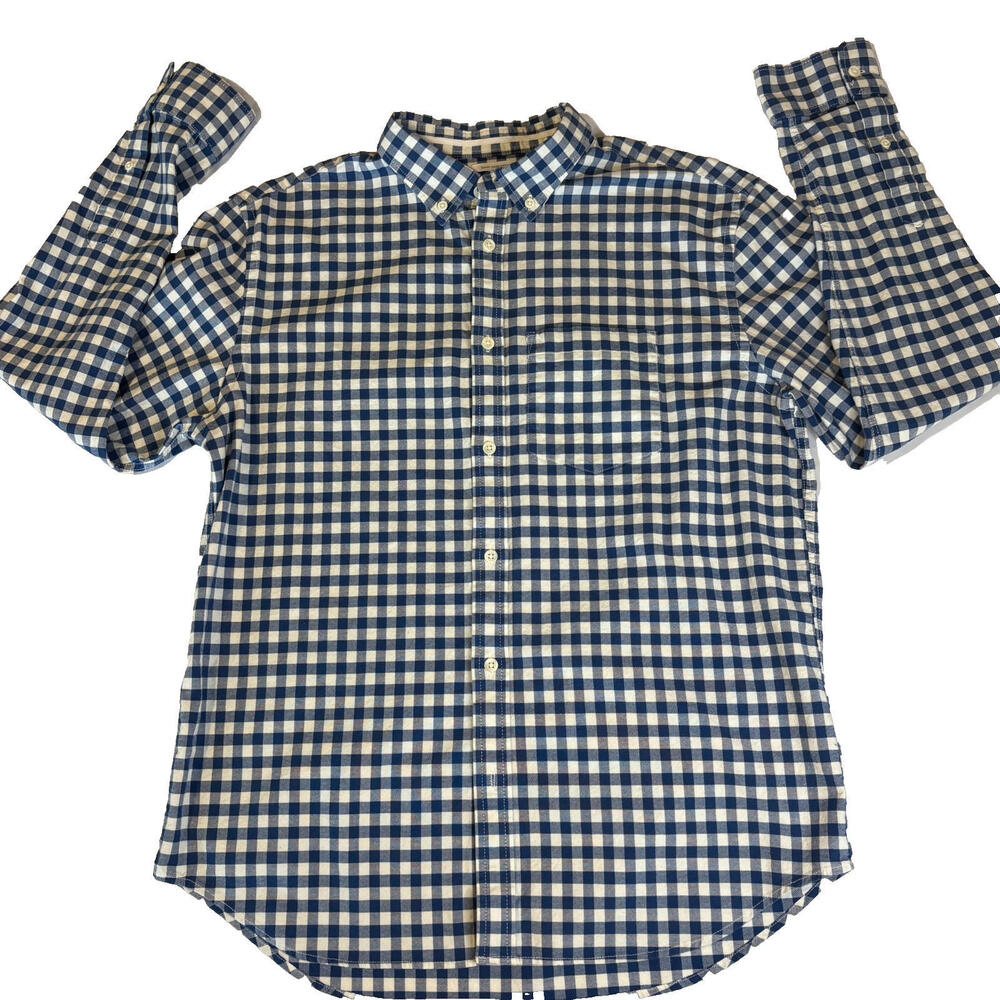 Old Navy Men’s Oxford Shirt Large Blue White Gingham Check Slim Fit Stretch Nice